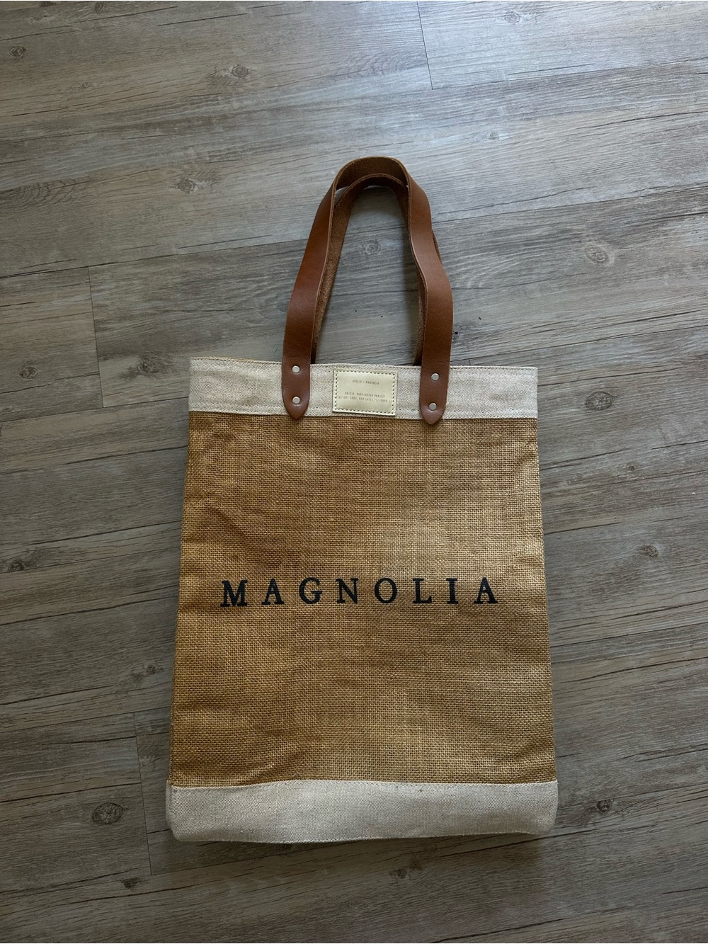 Magnolia Brown & Cream Jute Tote with Leather Handles